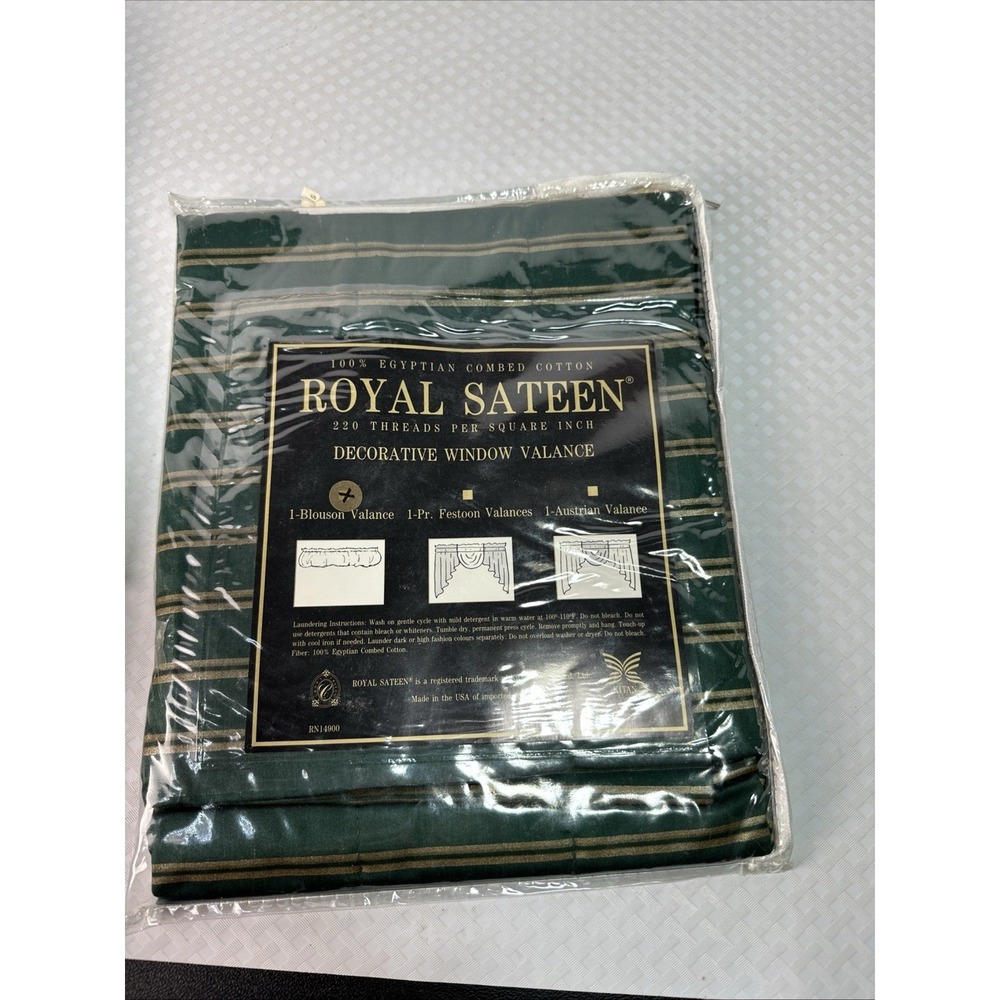 Vintage Royal Sateen Egyptian Cotton Window Valance Green Striped NOS Package - Picture 3 of 5